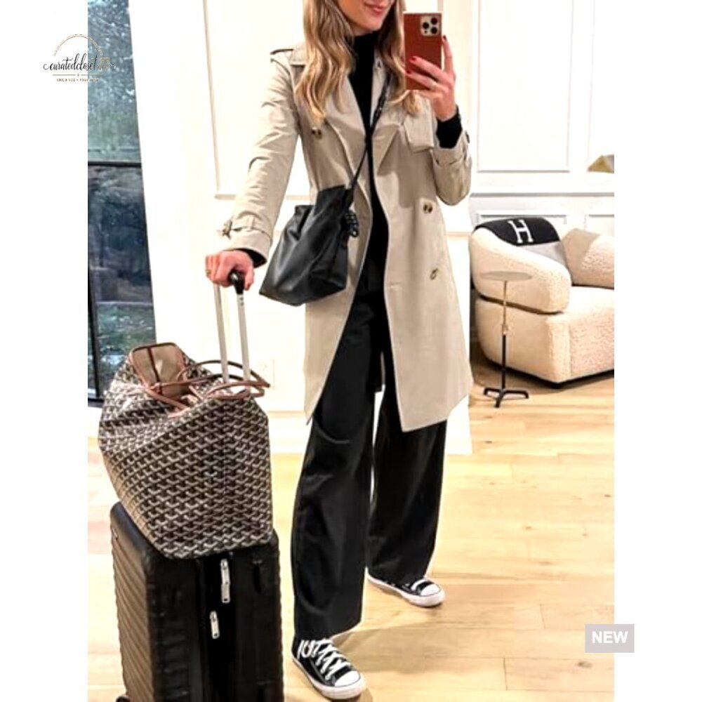 Long Trench Coat Double Breasted Classic Lapel Overcoat with Belt - Picture 4 of 7